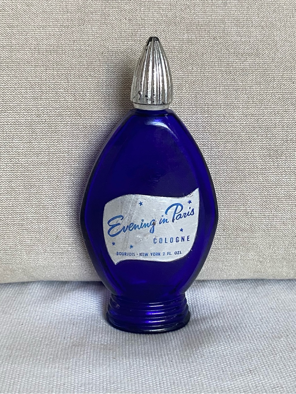 VTG Bourjois Evening in Paris EMPTY Cobalt Blue Glass Vanity Bottle 2oz